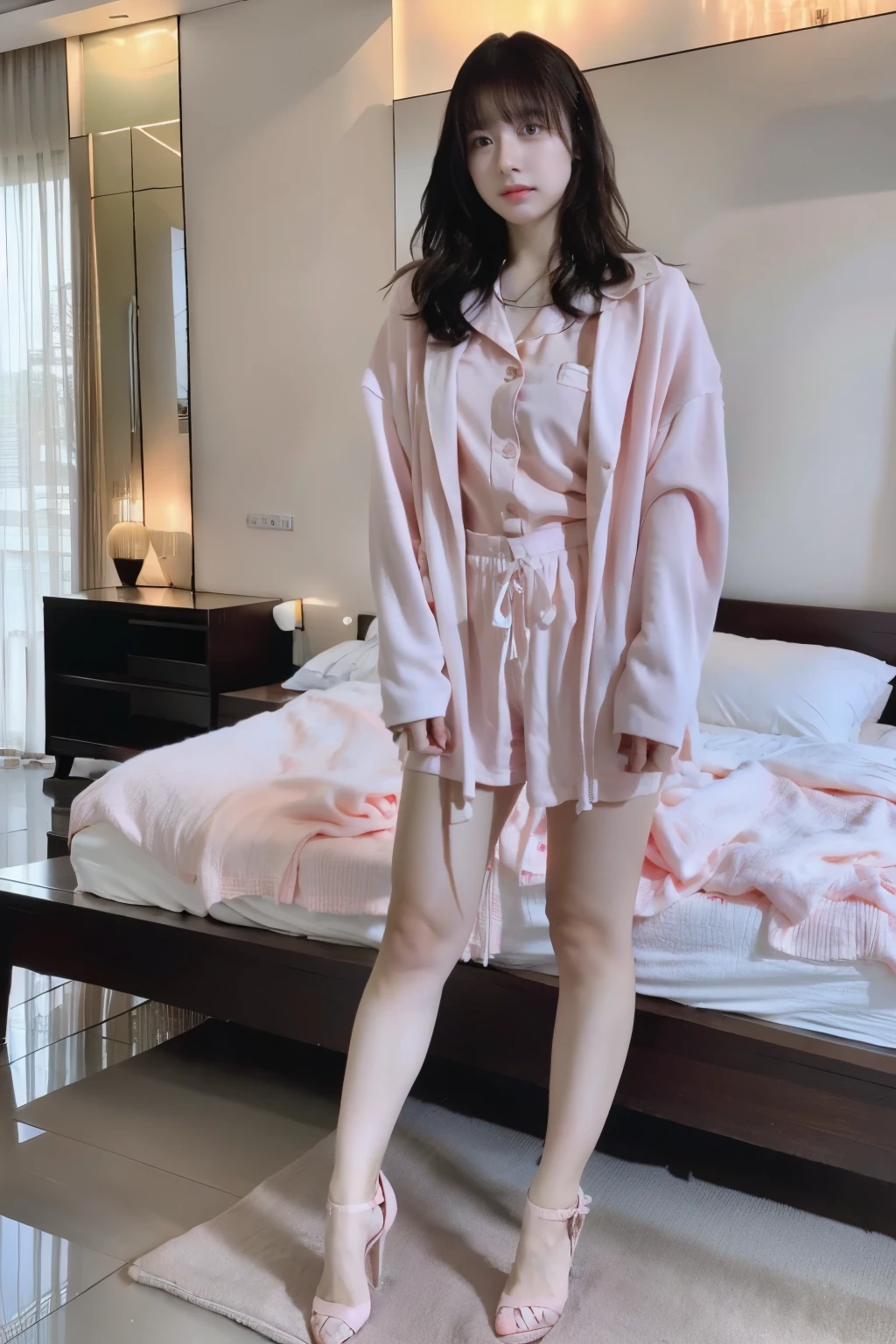 ((best quality)), ((masterpiece)), (detailed), 1 Girl, sexy pink pajamas,Standing,Black high heels,Saliva on the face,Put your hands behind your back,Full body front view
