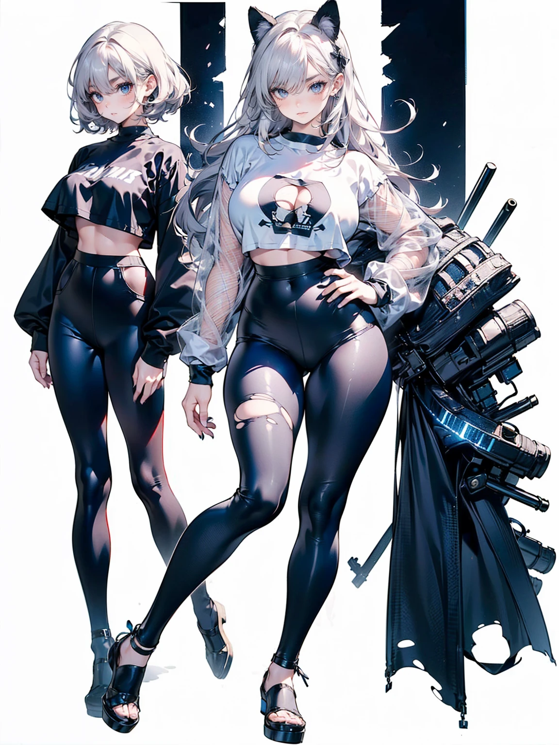 (White Hair Girl), (Thick, dark blue eyebrows:1.4), (Dark blue eyebrows:1.7), (Thick eyebrows:1.3), (Huge black fluffy animal ears:1.1), (Black animal ears:1.1), BREAK, (((Mesh Stitching Crop T-Shirt, Cutout Long Sleeve Top))),BREAK, (Big Breasts:1.2, Thick legs, Adult female body, Sturdy body:1.2), ((full body:1.7, Contrapposto:1.5)), (sharp eyes, Ultra-high definition CG, Precisely designed costumes, 4K, 8K, Ultra-high definition CG, Precisely designed costumes, Clear lines, Expressive and Captivating Eyes, Fine Details and Realistic Textures, cinematic lighting), ((white background)), BREAK, (Wearing black leggings with holes), Skinny sleeves, (Torn and holey leggings:1.2)(Black leggings:1.4), (過剰なRuggedThick soleブーツを履いています:1.2), (Thick sole:1.5), (Big shoes:1.3), ((Lightsabers:1.3, embarrassed))　
