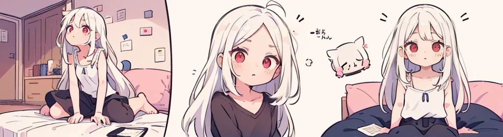((((1girl:1.5)))), white hair, red eyes, long hair, (collarbone:1.4), (2d, chibi, cute, cute, small , big eyes), skin color white, think about something, background/(in the room ,modern girl's room, bed, Soft mood lighting), ((((a single rose))))