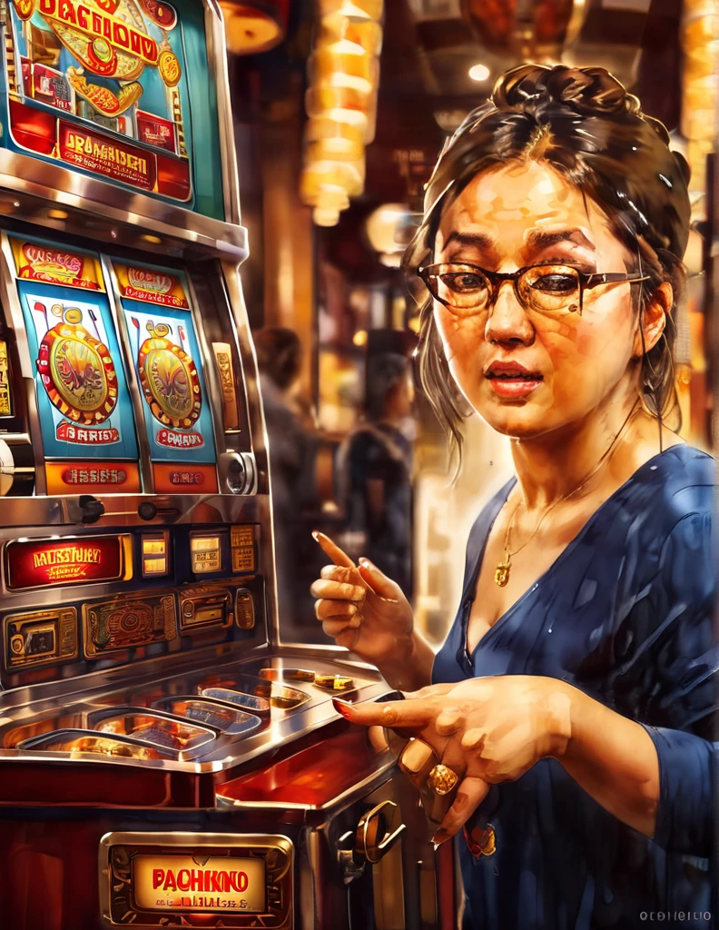 (Slot), (7), (Pachinko Parlor), (playing slot), (1 girl), (20s), (beautiful), (glasses), (multiple slot machines),(best quality:1.2),(master piece:1.2),(8k),(16k:1.2),(Illustration),(Best Quality:1.2), (Ultra-detailed:1.2),(top-quality:1.2),(​masterpiece:1.2)