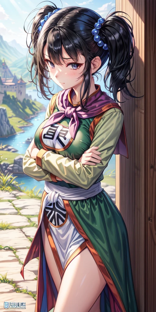 masterpiece, best quality, 4k, 8k, fighter (dq3), 1girl, solo, long hair, twintails, looking at viewer, black hair, hair ornament, long sleeves, dress, medium breasts, closed mouth, cowboy shot, black eyes, chinese clothes, hair bobbles, clenched hand, crossed arms, Feet Apart, Ancient Castle