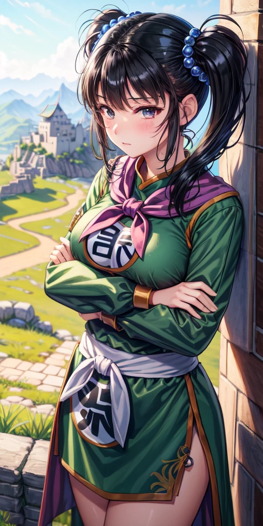 masterpiece, best quality, 4k, 8k, fighter (dq3), 1girl, solo, long hair, twintails, looking at viewer, black hair, hair ornament, long sleeves, dress, medium breasts, closed mouth, cowboy shot, black eyes, chinese clothes, hair bobbles, clenched hand, crossed arms, Feet Apart, Ancient Castle