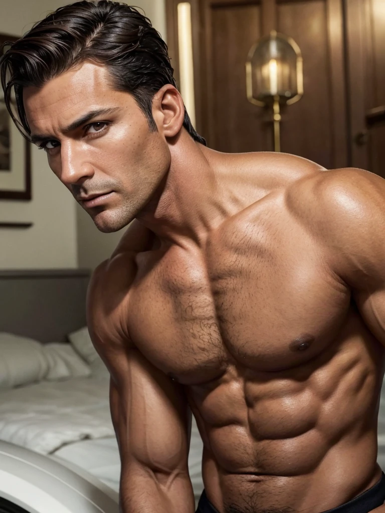(best quality), 1boy, Male, mature male, 46 years old, miguel o'hara, tanned skin, dark brown hair, short hair, hair slicked back, strands over eye, slightly wavy hair, brown eyes, perfect eyes, muscular, handsome, high cheekbones, strong jawline, masterpiece, anatomically correct, highres