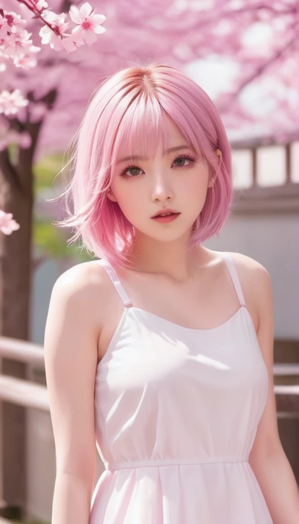 Light pink hair, pink eyes, pink and white, sakura leafs, vivid colors, white dress, paint splash, simple background, ray tracing, wavy hair