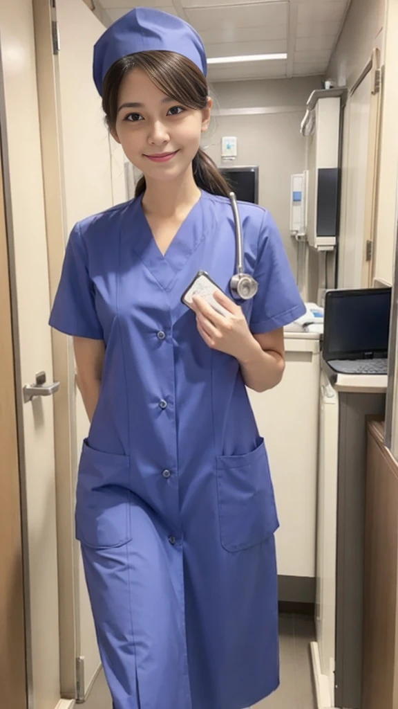 A nurse-looking cat in a nurse's uniform works in a hospital.