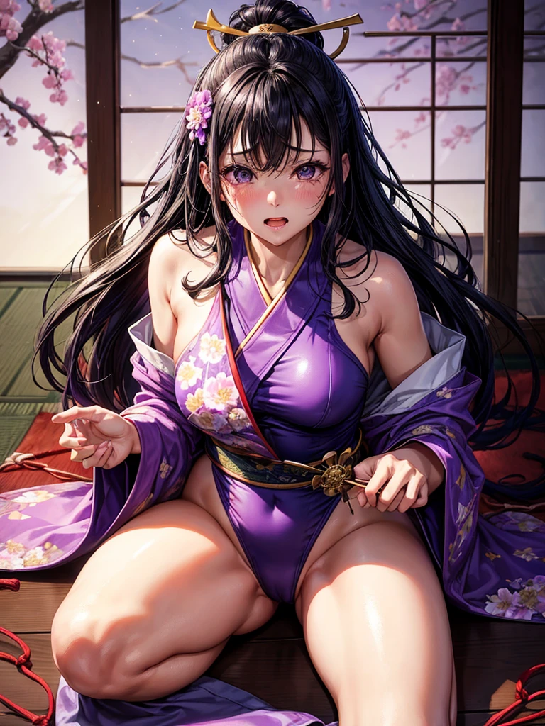 Highest quality,Highest Resolution,A crying beautiful woman in a purple kimono leotard,Black Hair,hairpin,High leg,Japanese-style room,whole body,tabi,Tears,Open your mouth and drool,Very beautiful eyes,