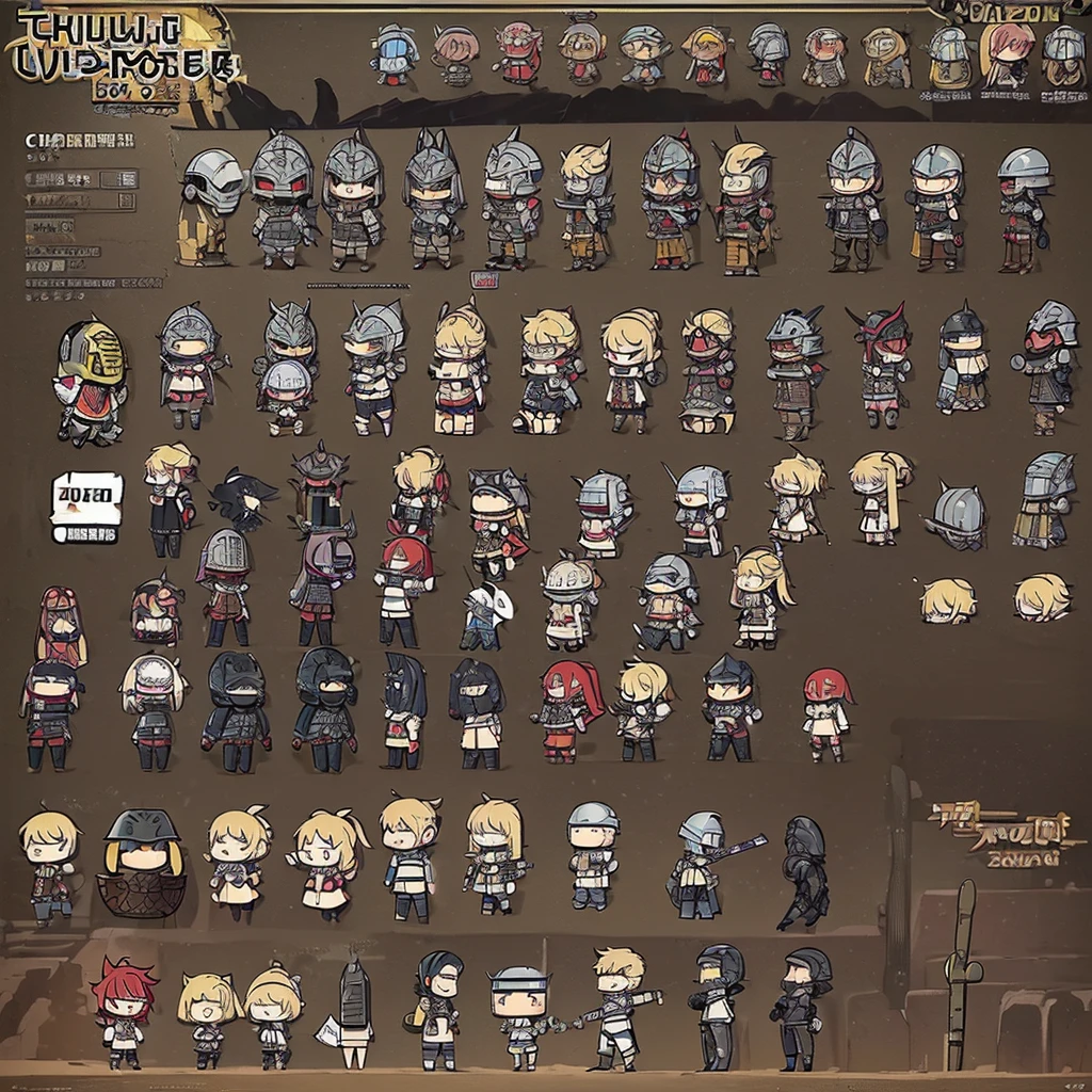 ((((Chibi Character、Character Sheet))))、Highest quality, Best Quality,Best illustrations、(((Iron Mask、Iron helmet))),Medieval Armor、Medieval Knight、Full grey armor、(((20-year-old male)))、Dramatic Angle、(battle)、battlefield、Grab the sword、wasteland、(Fighting stance)、(((Living in the desert)))、(Simple Background)、(Mr.々Expression)