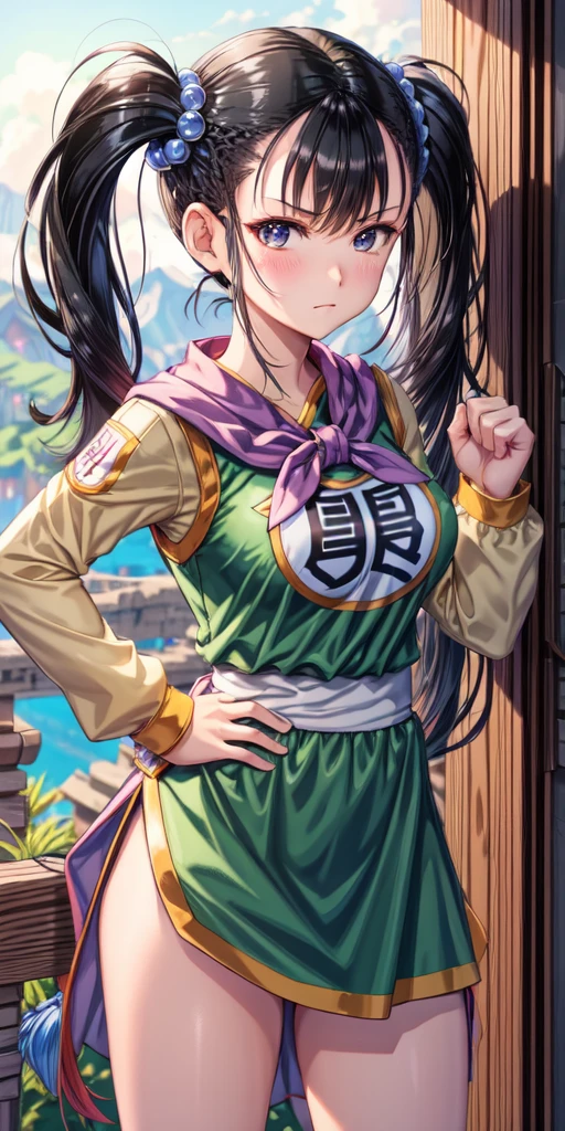masterpiece, best quality, 4k, 8k, fighter (dq3), 1girl, solo, long hair, twintails, looking at viewer, black hair, hair ornament, long sleeves, dress, medium breasts, closed mouth, cowboy shot, black eyes, chinese clothes, hair bobbles, clenched hand, Punching, Boxing Jab, Feet Apart, Ancient Castle