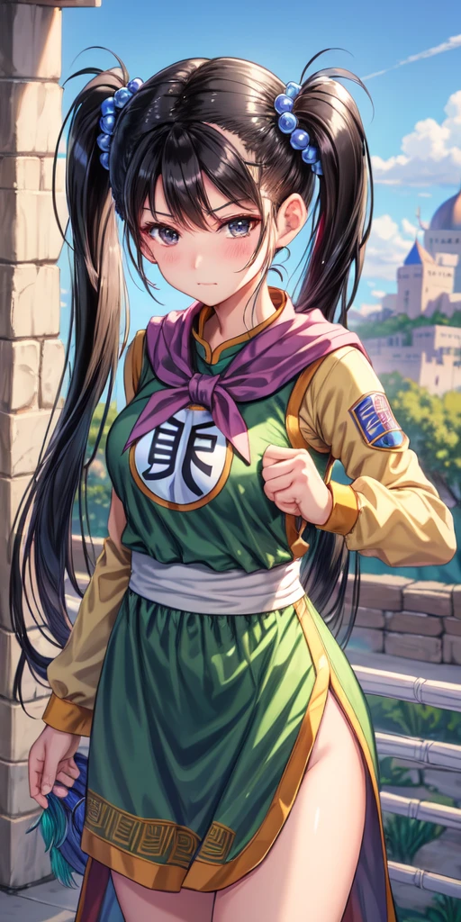 masterpiece, best quality, 4k, 8k, fighter (dq3), 1girl, solo, long hair, twintails, looking at viewer, black hair, hair ornament, long sleeves, dress, medium breasts, closed mouth, cowboy shot, black eyes, chinese clothes, hair bobbles, clenched hand, Punching, Boxing Jab, Feet Apart, Ancient Castle