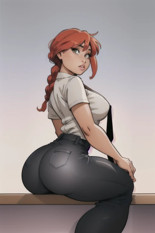 1girl, solo, wide hips, thick thighs, huge thighs, huge , thick thighs, huge thighs, asscus, looking back, looking at viewer, makima, braided ponytail, ringed eyes, collared shirt, black necktie, black pants, ((pants halfway down butt sng buttcrack)edium breasts, sitti,