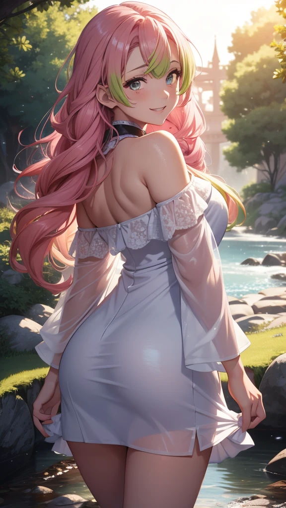 "Extremely detailed CG Unity 8K wallpapers,kanjiro mitsuri,photograph from behind, tight dress, focus on ass, masterpiece,outdoors,charming,best picture quality,Volumetric light,Pink hair,Face turned red,Smile,Off the shoulder dress,Bangs cover one eye,looking at camera
