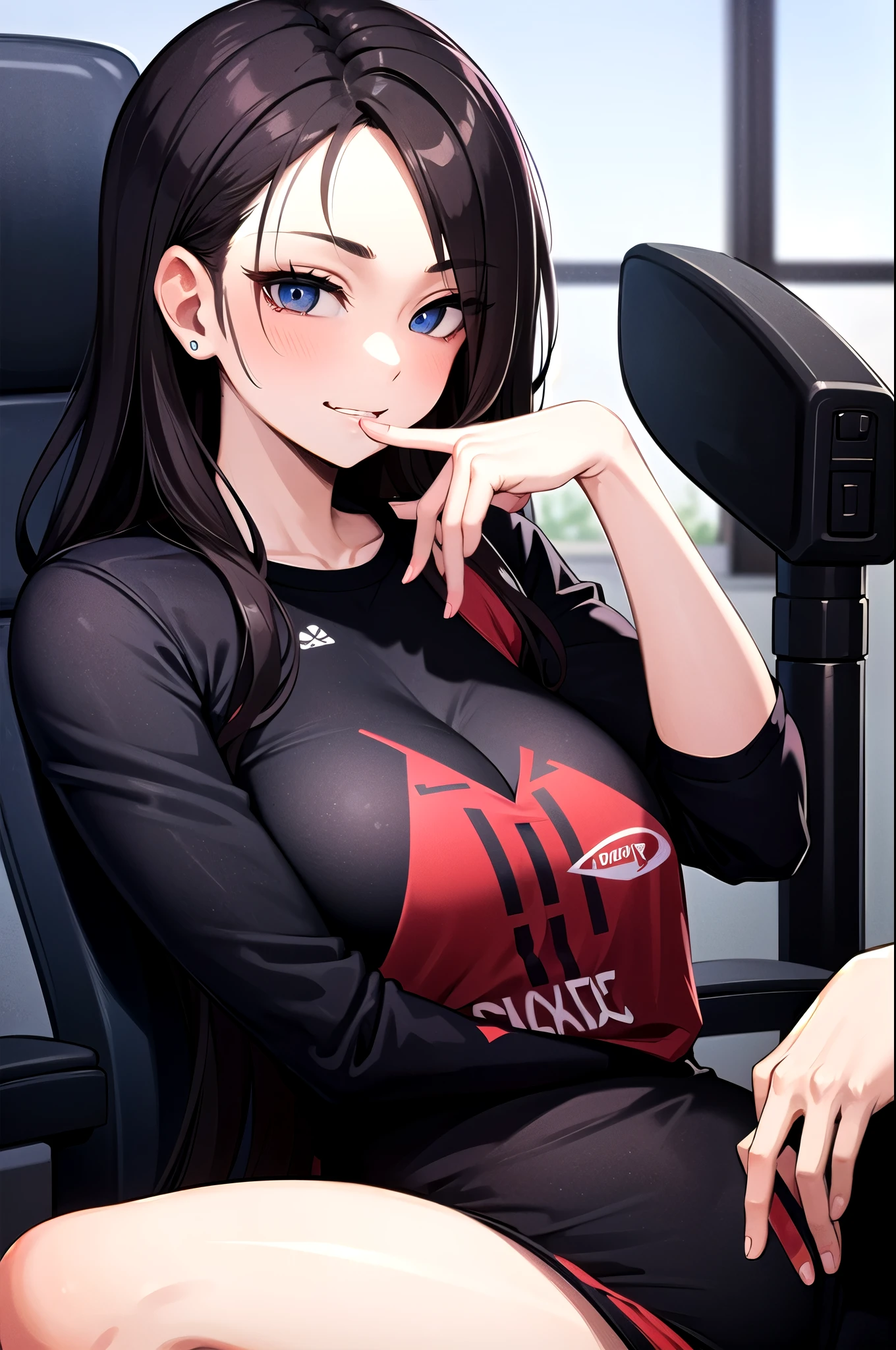 a woman is sitting in a gaming chair, with a gaming room in the background then she is wearing e-sports clothes, with a finger-biting pose with a seductive face 