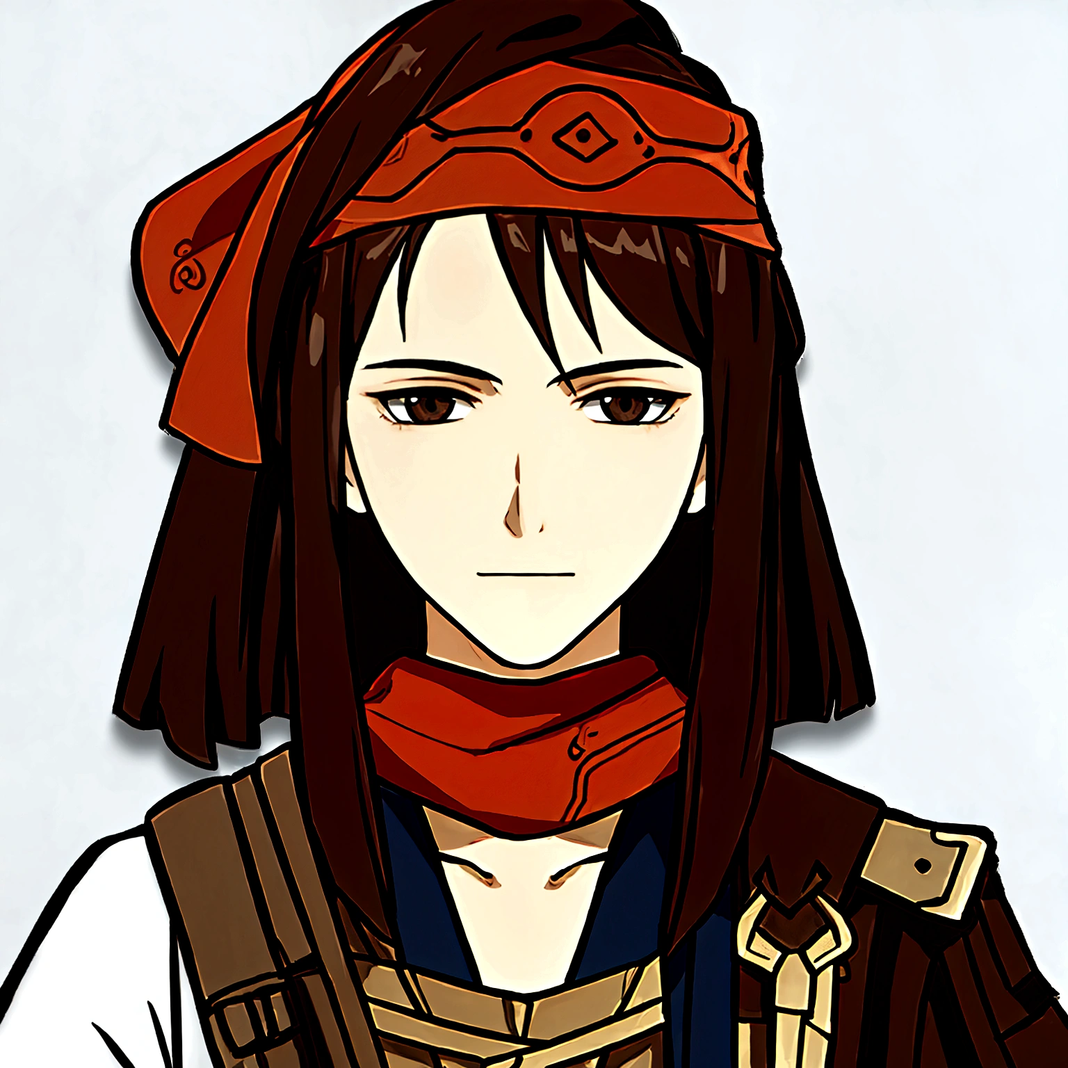 masterpiece, best quality, simple background, simple background, simple background, simple background, portrait, solo, 1boy, 30 years old, brown hair, assassin's clothes, bandana