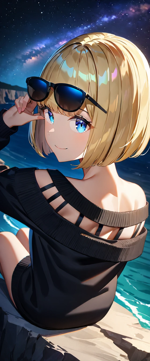 (((a beautiful starry sky, the Milky Way shining beautifully in the night))), ((bare legs)), (((sunglasses, hand to sunglasses))), ((Aran sweater)), ((((from back, from above)))), upper body, ((sitting on the very high cliff)), wavy hair, inward curled hair, sea, beach, ((blond hair, bob cut:1.3)), breasts, teenager, (looking at another), oversized clothes, puffy long sleeves, ((off-shoulder sweater:1.3, Quite thick shoulder straps)), ((black sweater)), collarbone, head tilt:1.3, (((blue eyes))), happy smile, (((anime style))), (best quality, 4K, 8K, highres, masterpiece:1.2, ultra-detailed, ultra-detailed eyes, HDR, uhd, studio lighting, ultra-fine painting, sharp focus, physically-based rendering, extreme detail description, professional, vivid colors, bokeh)