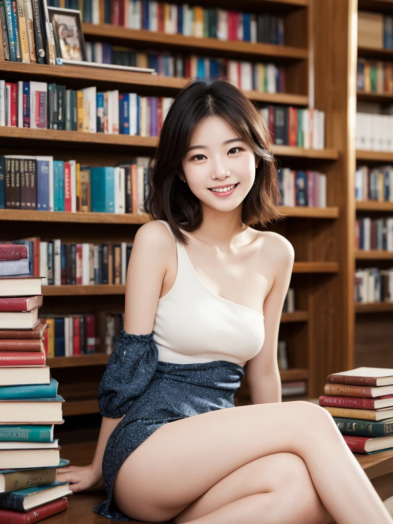 (8k, RAW photo, best quality, masterpiece:1.2), (realistic, photo-realistic:1.4), (extremely detailed 8k wallpaper),korean 20 age woman, The image captures her surrounded by shelves of books, emphasizing her intellectual curiosity and the quaint charm of the bookstore,cute face,A woman who looks good with a smile,bewitching hair,reading a book happily,(sexy costume),One-shoulder dress,A smile that invites others,bob hair