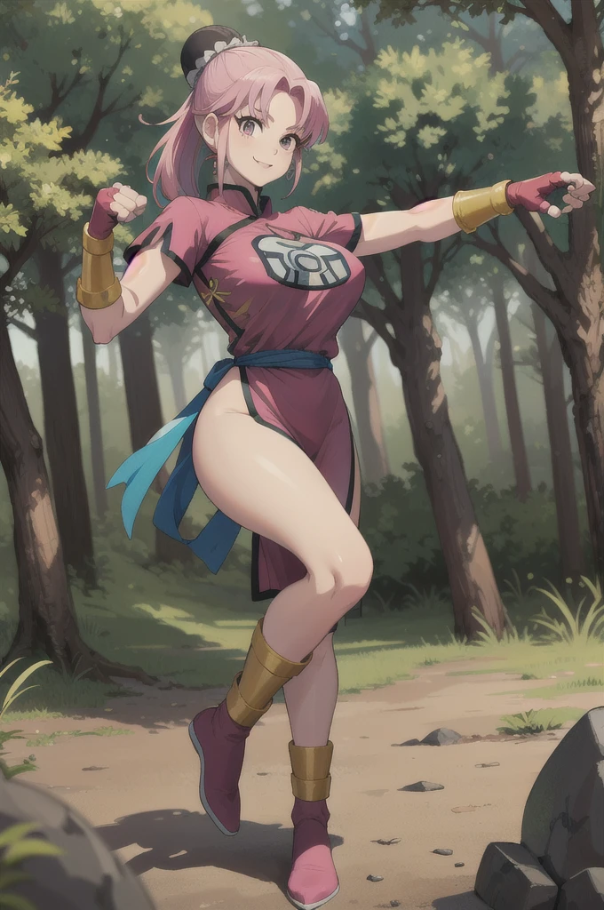 maam,big breasts,beautifuleyes,narrow waist,realistic,solo,outdoor,forest, martialMaam,pink hair,hair bun,long hair,china dress,short sleeves,sash,fingerless gloves,beautiful legs, smile, clenched fists, action pose,:1.1), lady, dragon quest