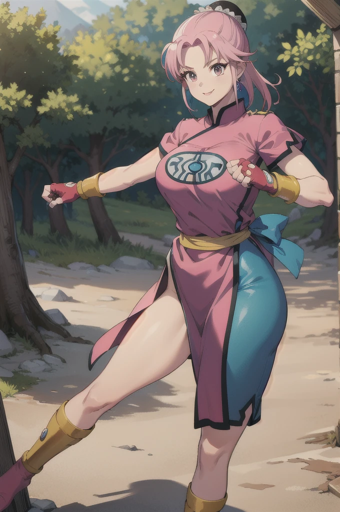 maam,big breasts,beautifuleyes,narrow waist,realistic,solo,outdoor,forest, martialMaam,pink hair,hair bun,long hair,china dress,short sleeves,sash,fingerless gloves,beautiful legs, smile, clenched fists, action pose,:1.1), lady, dragon quest