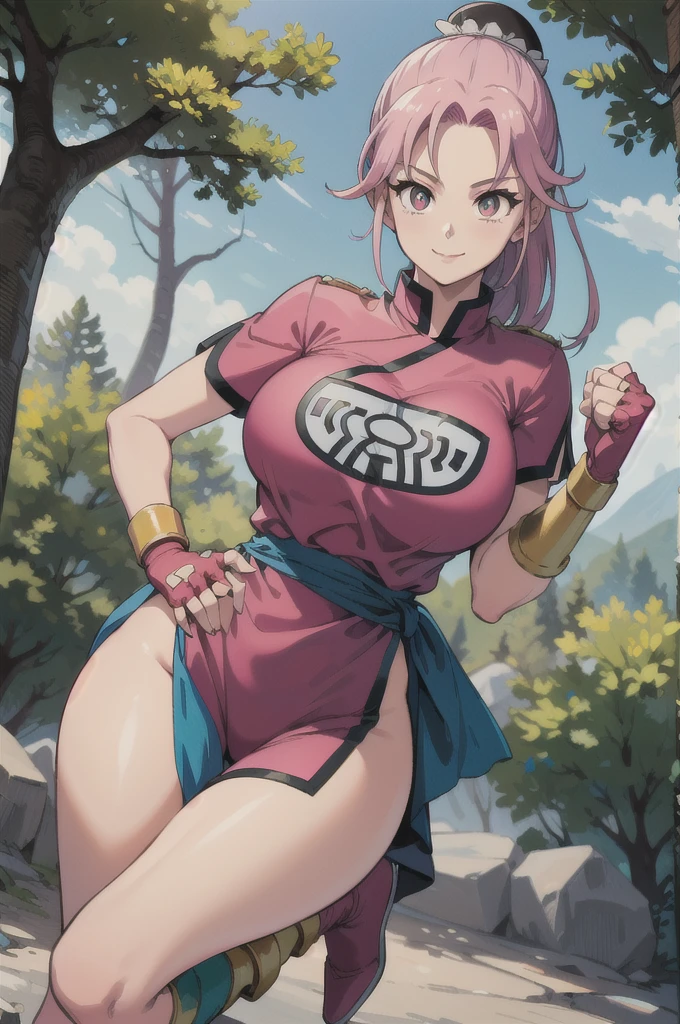 maam,big breasts,beautifuleyes,narrow waist,realistic,solo,outdoor,forest, martialMaam,pink hair,hair bun,long hair,china dress,short sleeves,sash,fingerless gloves,beautiful legs, smile, clenched fists, action pose,:1.1), lady, dragon quest