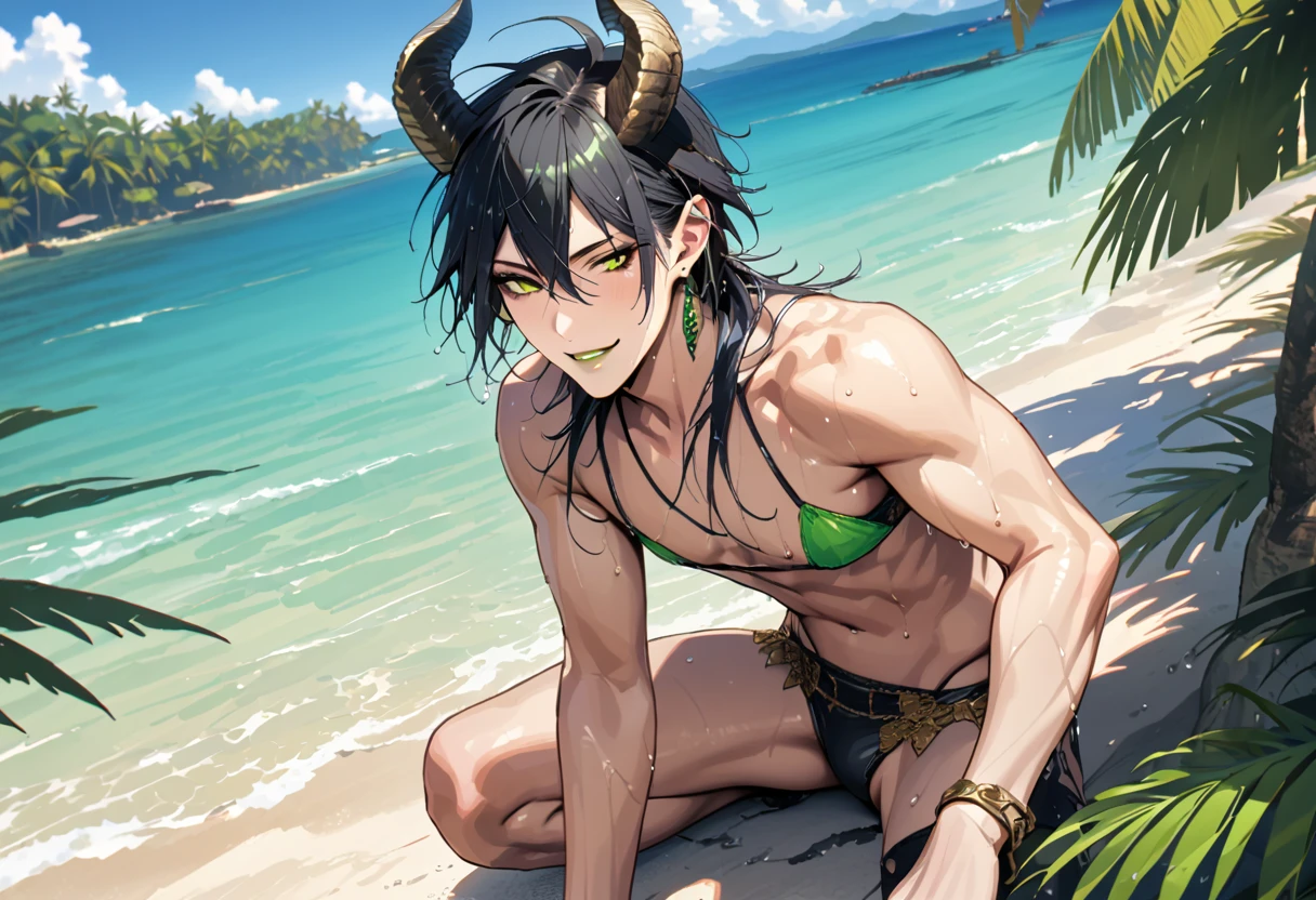 masterpiece, highres, absurdres, illustration, ((masterpiece:1.4, best quality)), (Ultra detailed background), 1boy, handsome man, highly detailed beautiful face and eyes, beautiful eyes, (sharp detail:1.3), shiny, earrings, bracelet, (wet bikini:1.3), Bari, Cebu Island, plumeria, near the beach, 1boy, sitting on floor, dynamic angle, full body, malleus draconia (twisted wonderland) horns, bishounen, boy, male, yana Toboso style, long hair, black hair, yellow green eyes, smile, gray lips, handsome, skinny, tall, yellow green glow,AddXL