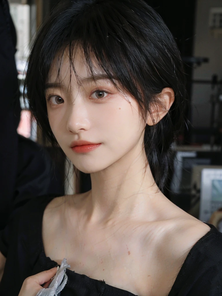 (Skin details:1.4), (smooth skin textures:1.3), (Upper body:1.4),(Upper Body:1.3),(Black clothes:1.4),Lipstick, background, earrings, serene, calm, (Realistic and detailed eyes:1.2), Natural skin texture, Realistic facial details, Soft dramatic lighting, Vivid details, 35 mm film, outdoor, (Photo Practical:1.4), (hyper Practical:1.4), (Practical:1.3), (Smoother lighting:1.05), (Improve lighting quality:0.9), (Highest quality real skin textures:1.4), Exquisite eyes, Delicate face, Close-up of face, (Enhance the beauty of skin texture:1.1),0Normal body proportions, short hair, Moles under the eyes, A faint smile,Portrait Photography, Depth of Field, Bokeh, Surrealism, Ray Tracing, (Portrait Photography:1.1), Surrealism, High Detail, Chiaroscuro, Ray Tracing, reflected light, Ultra HD, Ultra HD, masterpiece, Textured Skin, Super Detail, High Detail, high quality, best quality