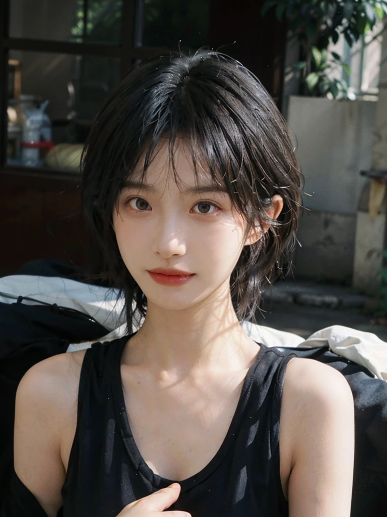 (Skin details:1.4), (smooth skin textures:1.3), （Upper body：1.4），（Upper Body：1.3)，(Black clothes:1.4)，Lipstick, background, earrings, serene, calm, (Realistic and detailed eyes：1.2）, Natural skin texture, Realistic facial details, Soft dramatic lighting, Vivid details, 35 mm film, outdoor, (Photo Practical:1.4), (hyper Practical:1.4), (Practical:1.3), (Smoother lighting:1.05), (Improve lighting quality:0.9), (Highest quality real skin textures:1.4), Exquisite eyes, Delicate face, Close-up of face, (Enhance the beauty of skin texture:1.1),0Normal body proportions, short hair, Moles under the eyes, A faint smile,Portrait Photography, Depth of Field, Bokeh, Surrealism, Ray Tracing, (Portrait Photography:1.1), Surrealism, High Detail, Chiaroscuro, Ray Tracing, reflected light, Ultra HD, Ultra HD, masterpiece, Textured Skin, Super Detail, High Detail, high quality, best quality