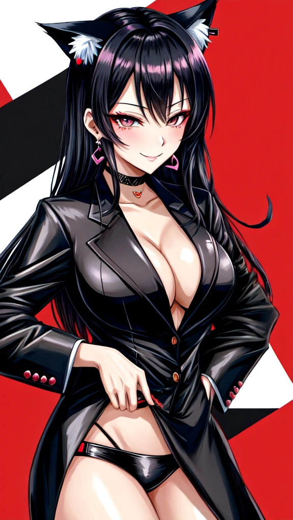 Anime sexy female, black yakuza covered suits with paint, cigarettes, earrings, cat ears, heart eyes, smirking, no revealing clothes