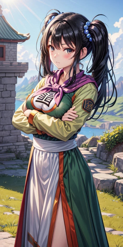 masterpiece, best quality, 4k, 8k, fighter (dq3), 1girl, solo, long hair, twintails, looking at viewer, black hair, hair ornament, long sleeves, dress, medium breasts, closed mouth, cowboy shot, black eyes, arm up, chinese clothes, hair bobbles, clenched hand, Standing Upright, Crossed Arms, Ancient Castle, 