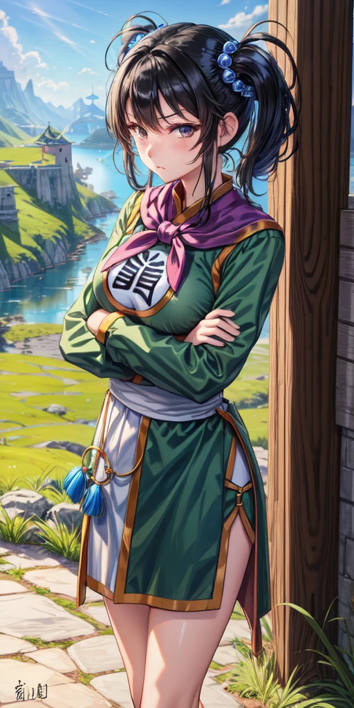 masterpiece, best quality, 4k, 8k, fighter (dq3), 1girl, solo, long hair, twintails, looking at viewer, black hair, hair ornament, long sleeves, dress, medium breasts, closed mouth, cowboy shot, black eyes, chinese clothes, hair bobbles, clenched hand, crossed arms, Feet Apart, Ancient Castle