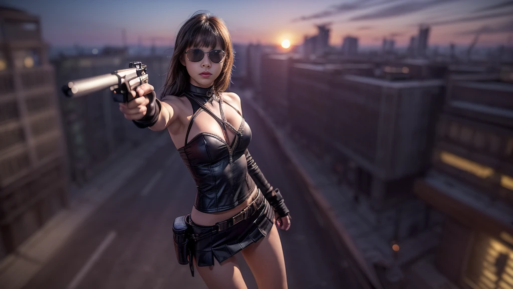 (((At night, ((very dark sunset sky)), (((1girl, solo))), a western woman, photo realistic, large-breast:1.2 slim body, cleavage, off tube top, short pleated miniskirt, standing on rooftop, (matrix style black sunglasses), (((aiming towards viewer with a short:0.8 pistol))), half-body thigh level medium:1.2 shot))). In the background, simple aerial view of a sci-fi futuristic city, (((flying vehicle speeding towards viewer))).