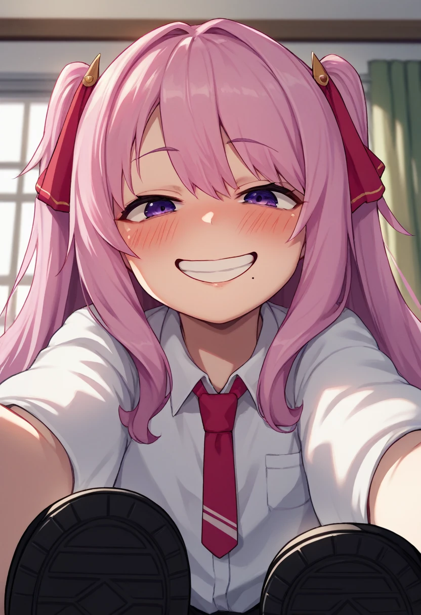 score_9, score_8_up, score_7_up, source_anime, BREAK 1girl, yunidef, purple eyes, pink hair, long hair, two side up, , hair ornament, mole under mouth, pink necktie, indoors, , pov, , black footwear, blush, evil grin,, smile,, crazy smile, close up, looking down,