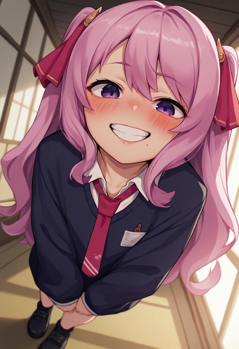 score_9, score_8_up, score_7_up, source_anime, BREAK 1girl, yunidef, purple eyes, pink hair, long hair, two side up, , hair ornament, mole under mouth, pink necktie, indoors, , pov, , black footwear, blush, evil grin,, smile,, crazy smile, close up, looking down,