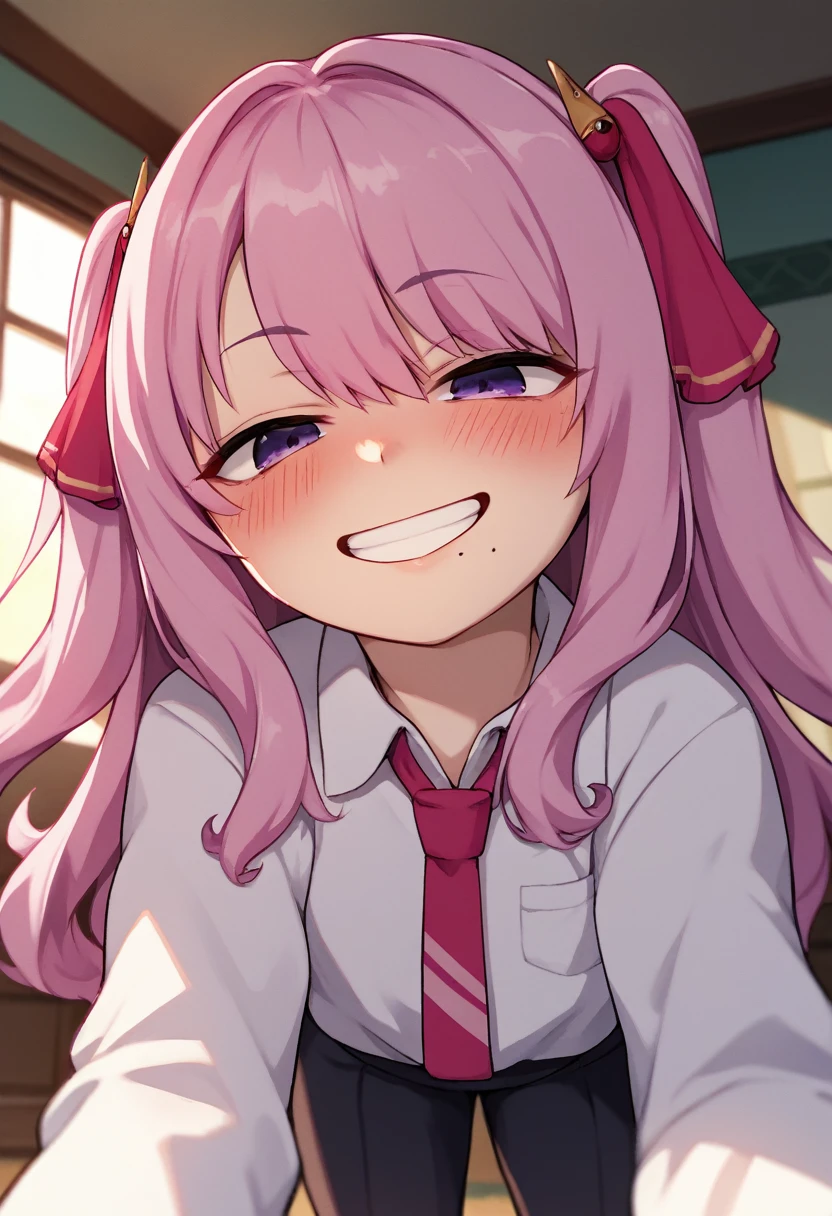 score_9, score_8_up, score_7_up, source_anime, BREAK 1girl, yunidef, purple eyes, pink hair, long hair, two side up, , hair ornament, mole under mouth, pink necktie, indoors, , pov, , black footwear, blush, evil grin,, smile,, crazy smile, close up, looking down,