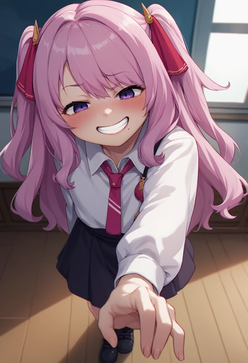 score_9, score_8_up, score_7_up, source_anime, BREAK 1girl, yunidef, purple eyes, pink hair, long hair, two side up, , hair ornament, mole under mouth, pink necktie, indoors, , pov, , black footwear, blush, evil grin,, smile,, crazy smile, close up, looking down,