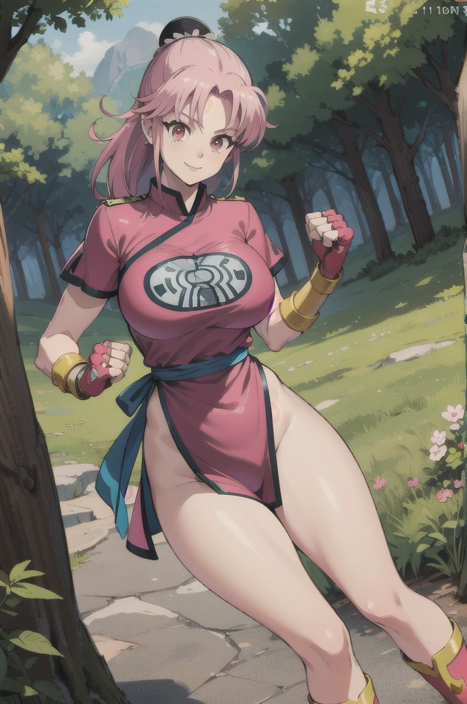 maam,big breasts,beautifuleyes,narrow waist,realistic,solo,outdoor,forest, martialMaam,pink hair,hair bun,long hair,china dress,short sleeves,sash,fingerless gloves,beautiful legs, smile, clenched fists, action pose,:1.1), lady, dragon quest