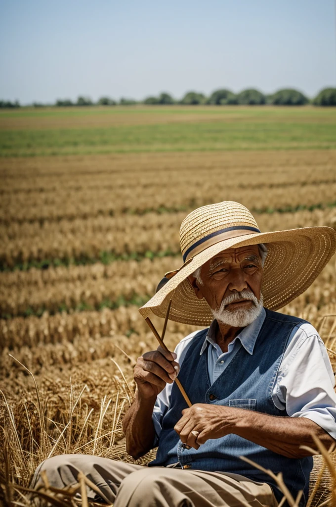 An old man with a straw hat in the field