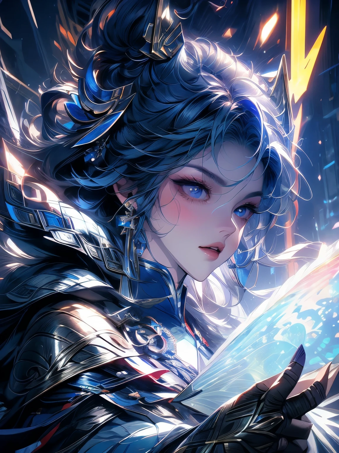 Close up of woman in silver and blue dress, Pan Chengwei on artstation, author:Yang J, Detailed fantasy art, Stunning character art, Fan Art Best Artstation, Epic and beautiful character art, Beautiful armor, Extremely detailed Artgerm, Detailed digital anime art, artstation pixiv like artgerm, Armor Girl