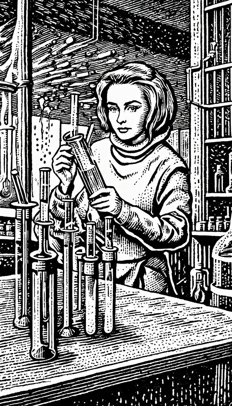 (Black and white woodcut:1.5)、(Second floor in black and white.)、foreground, dark and sinister atmosphere、science woman, wearing a radiation suit, taking a test tube with tweezers, using cubebocas,  in a laboratory with many flasks and test tubes.