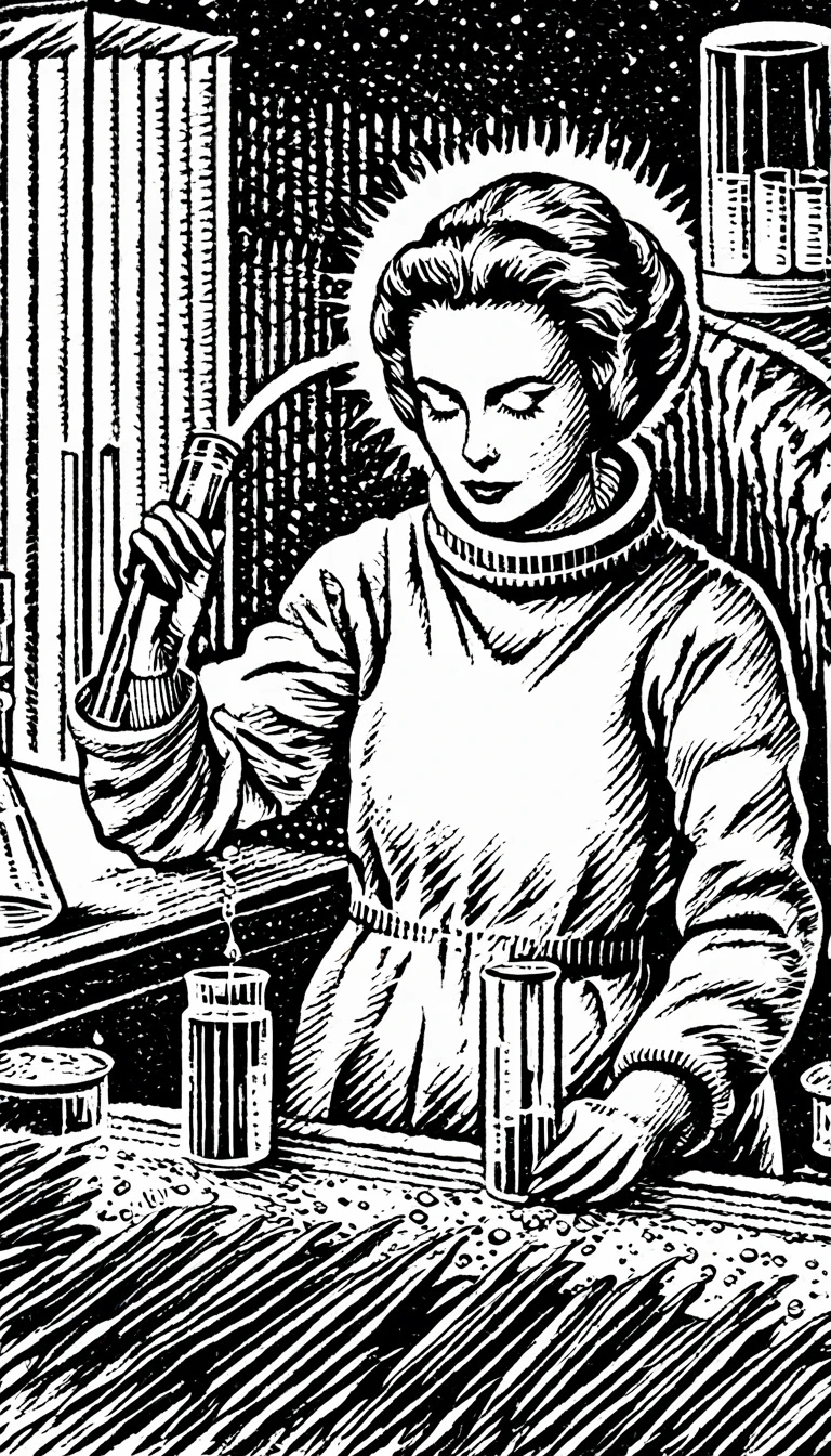 (Black and white woodcut:1.5)、(Second floor in black and white.)、foreground, dark and sinister atmosphere、science woman, wearing a radiation suit, taking a test tube with tweezers, using cubebocas,  in a laboratory with many flasks and test tubes.