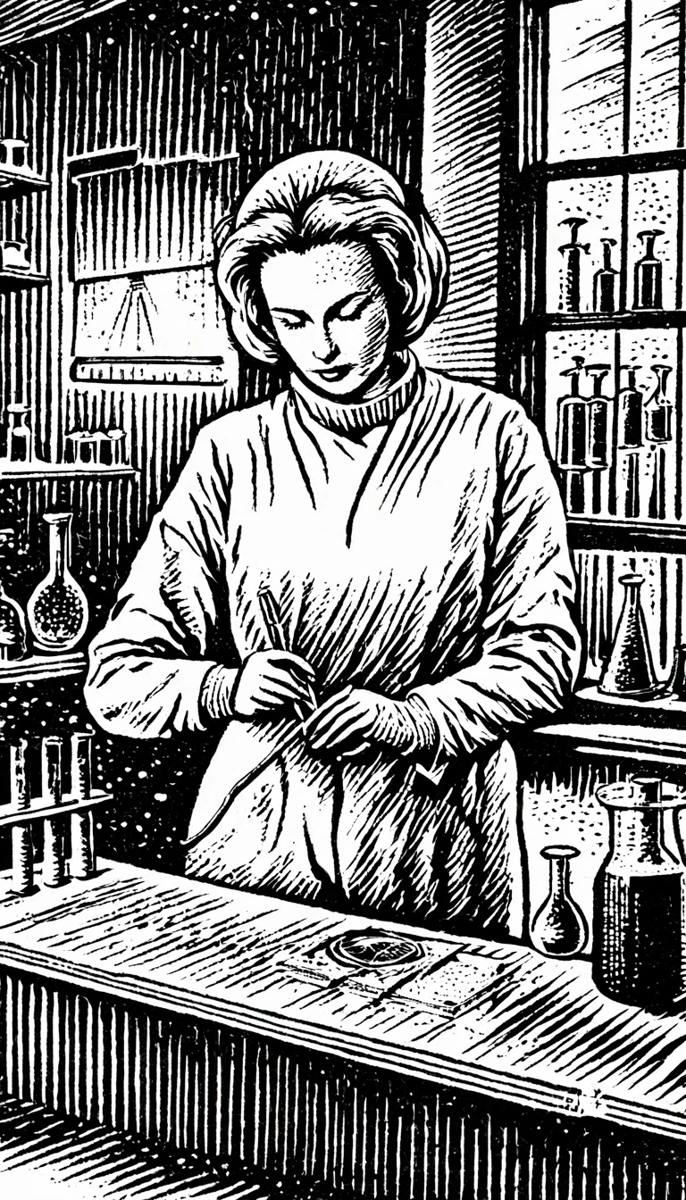 (Black and white woodcut:1.5)、(Second floor in black and white.)、foreground, dark and sinister atmosphere、science woman, wearing a radiation suit, taking a test tube with tweezers, using cubebocas,  in a laboratory with many flasks and test tubes.