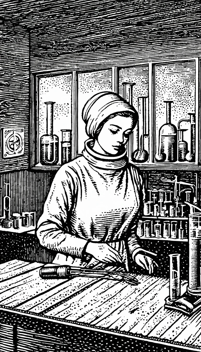 (Black and white woodcut:1.5)、(Second floor in black and white.)、foreground, dark and sinister atmosphere、science woman, wearing a radiation suit, taking a test tube with tweezers, using cubebocas,  in a laboratory with many flasks and test tubes.