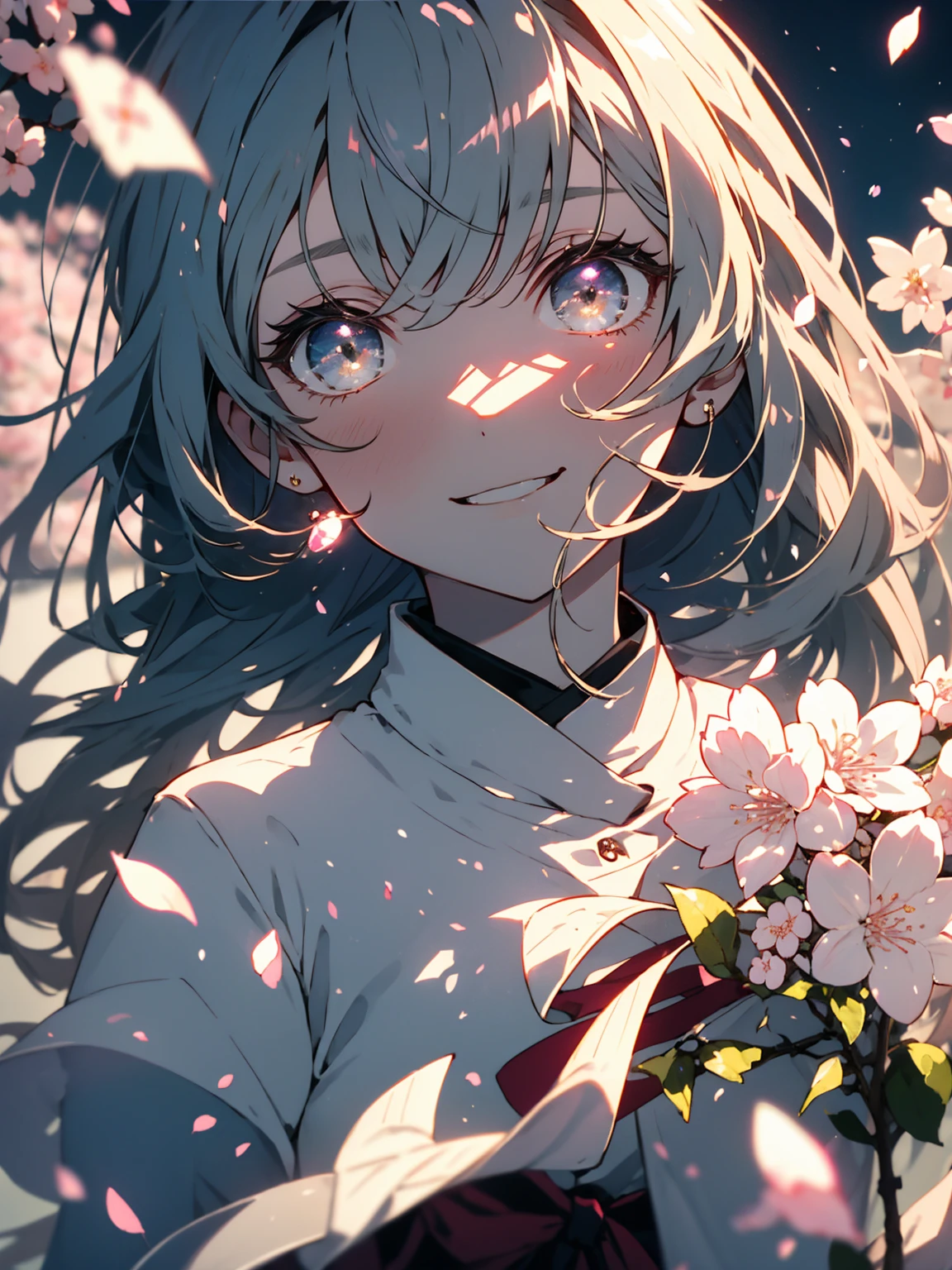 (Highest quality、masterpiece、High resolution、Familiar)、(Shining Eyes、Familiar美しい顔)、Night Background:1.4、8K、(1 Girl)、(smile)、((Looking at the cherry blossom trees above))、Streets lined with cherry blossom trees:1.2、light up、Light Theme、Beautiful falling cherry blossom petals、(Beautiful Anime)、(Shining Eyes、Beautiful face in every detail)、Cherry Blossoms at Night、Starry Sky、(whole body)、Dynamic Angle