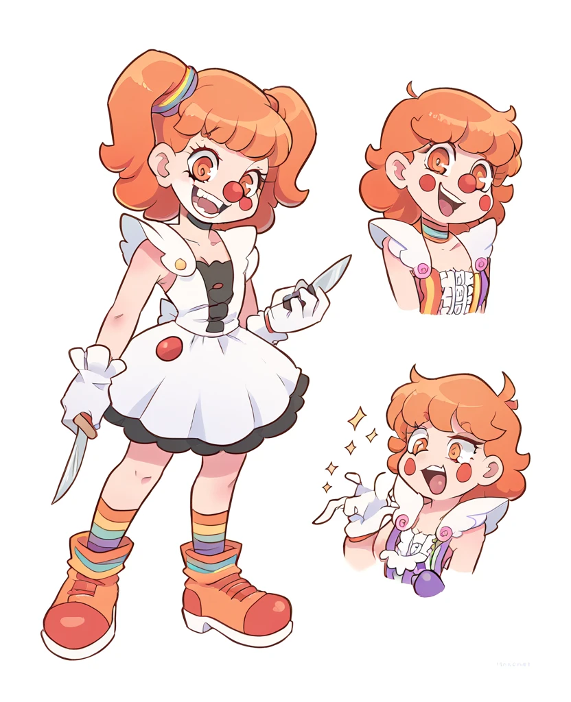 NSFW,(Highest quality:1.3), (Top performance:1.2), (Best illustrations:1.2),(detailed:1.0),whole body,Full Art,Half Ring,One ,Orange Hair,Orange Eyes,Small breasts,Flat Chest,Long twin tails,acrobat,Orange and white striped clown suit,Clown Shoes,Black Masquerade,Orange clown hair ornament,Possess a throwing knife,Provocative smile
