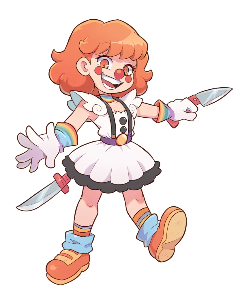 NSFW,(Highest quality:1.3), (Top performance:1.2), (Best illustrations:1.2),(detailed:1.0),whole body,Full Art,Half Ring,One ,Orange Hair,Orange Eyes,Small breasts,Flat Chest,Long twin tails,acrobat,Orange and white striped clown suit,Clown Shoes,Black Masquerade,Orange clown hair ornament,Possess a throwing knife,Provocative smile
