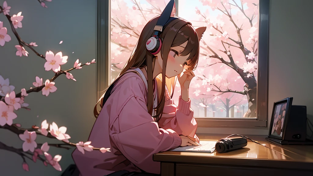 Beautiful girl studying in her room while listening to music with headphones、Warm lighting、Outside the room, cherry blossoms are blooming、Japanese anime style