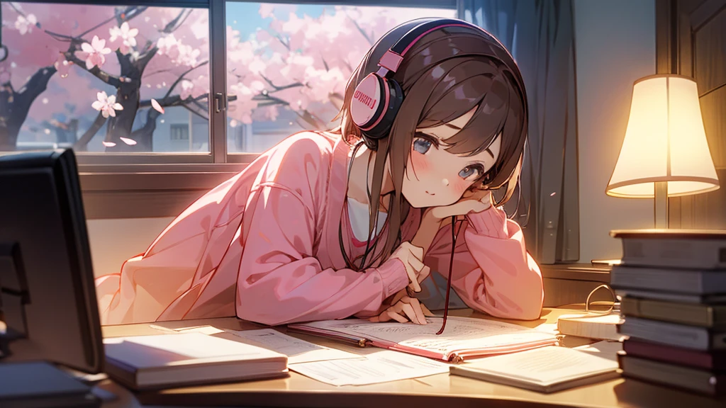Beautiful girl studying in her room while listening to music with headphones、Warm lighting、Outside the room, cherry blossoms are blooming、Japanese anime style