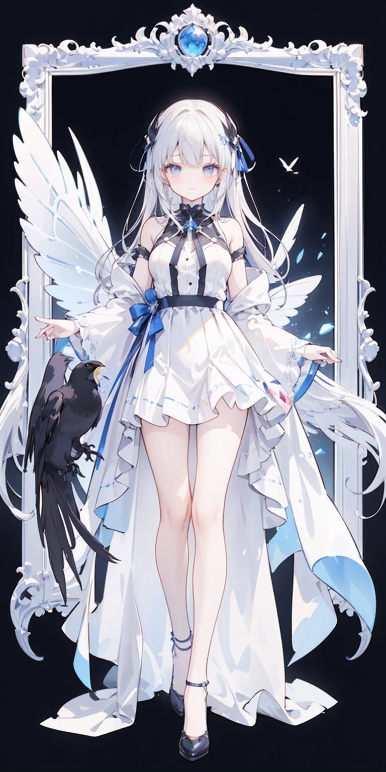 Oil painting frame,Big Perspective,Wide Angle,Impactful graphics,floating,sideways,Character Close-up,4K,masterpiece,best quality,ruins,(Transparent skirt,black background),Clear,master,Various actions,Full body portrait,portrait,1 female, (Mature),Long face,Pointed face,White long hair,Fairy,gemstone crow,Wings Dress, Mecha,Fairy air,ribbon, diamond, Bare shoulders, crow, Looking at the audience, in the sky, fLight, Vibrant colors, Light, masterpiece, best quality, flight,Mature,asymmetrical clothes,HighLights,Long skirt,Own,Personal Photography
