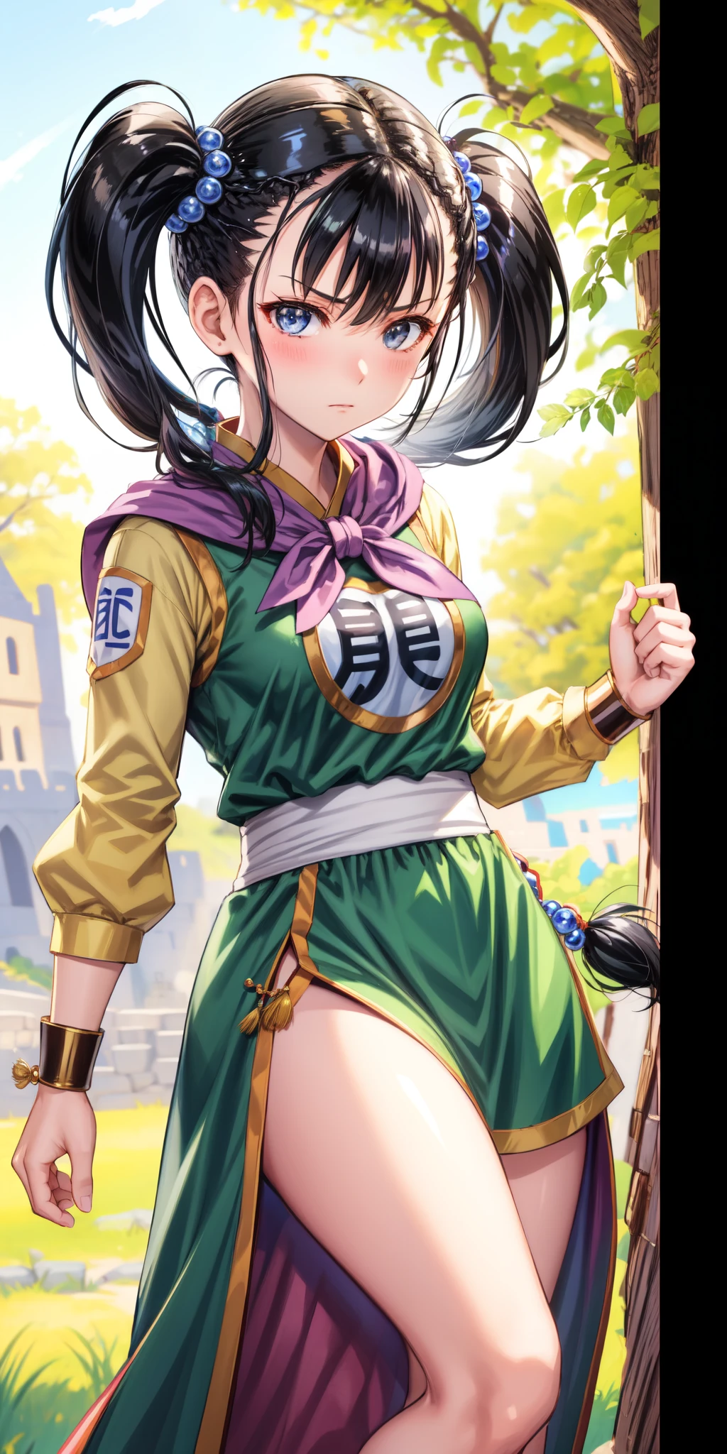 (masterpiece, best quality:1.1), fighter (dq3), 1girl, solo, long hair, twintails, looking at viewer, black hair, hair ornament, long sleeves, dress, medium breasts, closed mouth, cowboy shot, black eyes, arm up, chinese clothes, hair bobbles, clenched hand, fighting stance, yin yang simple background,