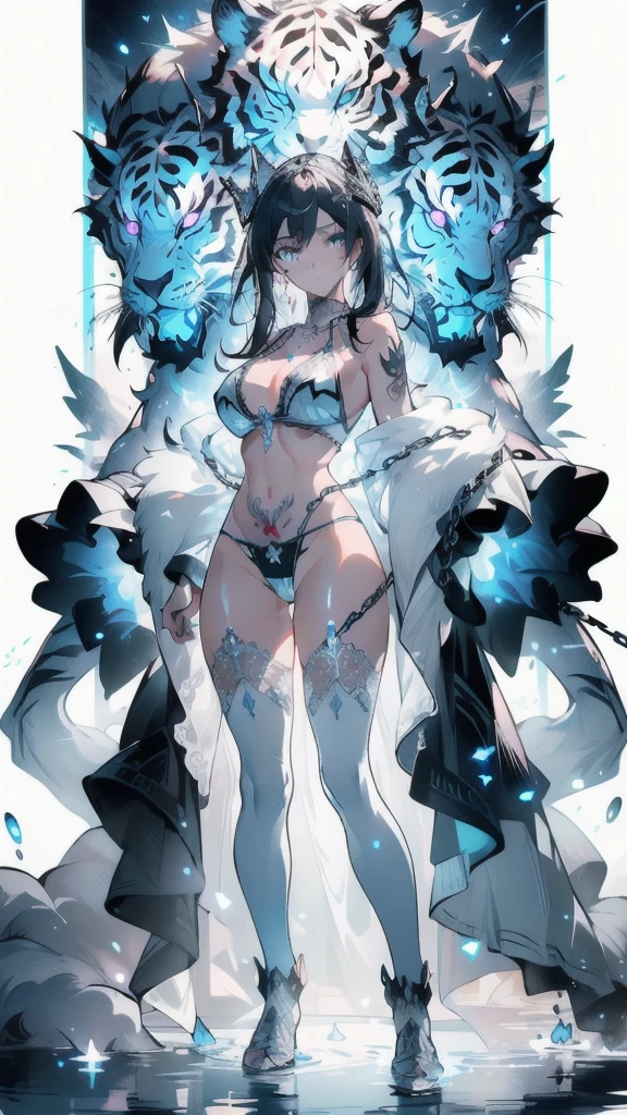 ((masterpiece, best quality)), Epic battlefield atmosphere,Delicate face,Beast King,White Tiger,whole body,Standing picture,glowing white eyes,Large Breasts,Perfect body proportions,Pure white background,firefly,Water Ripples,Lace,Transparent sex bikini,Tattoo,chain