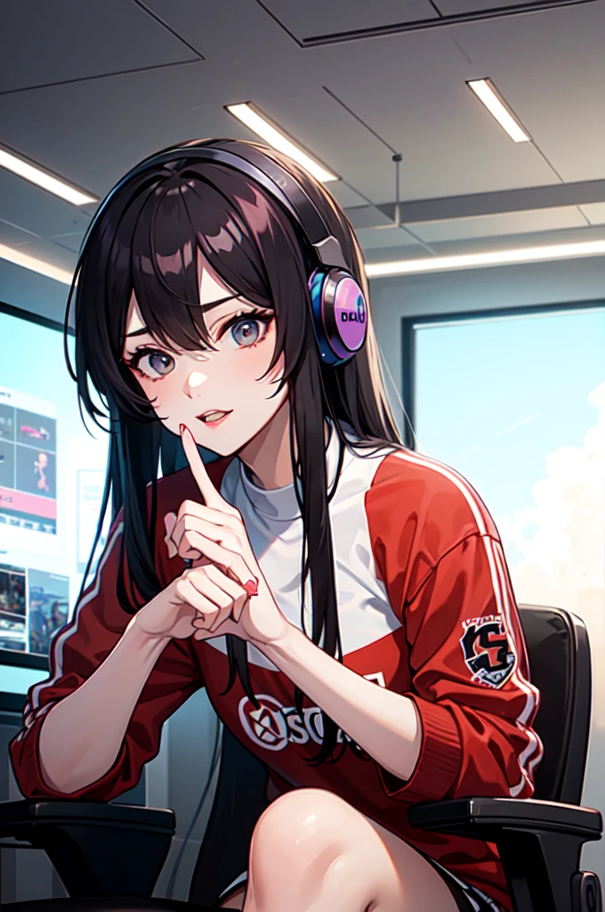 a woman is sitting in a gaming chair, with a gaming room in the background then she is wearing e-sports clothes, with a finger-biting pose with a seductive face 