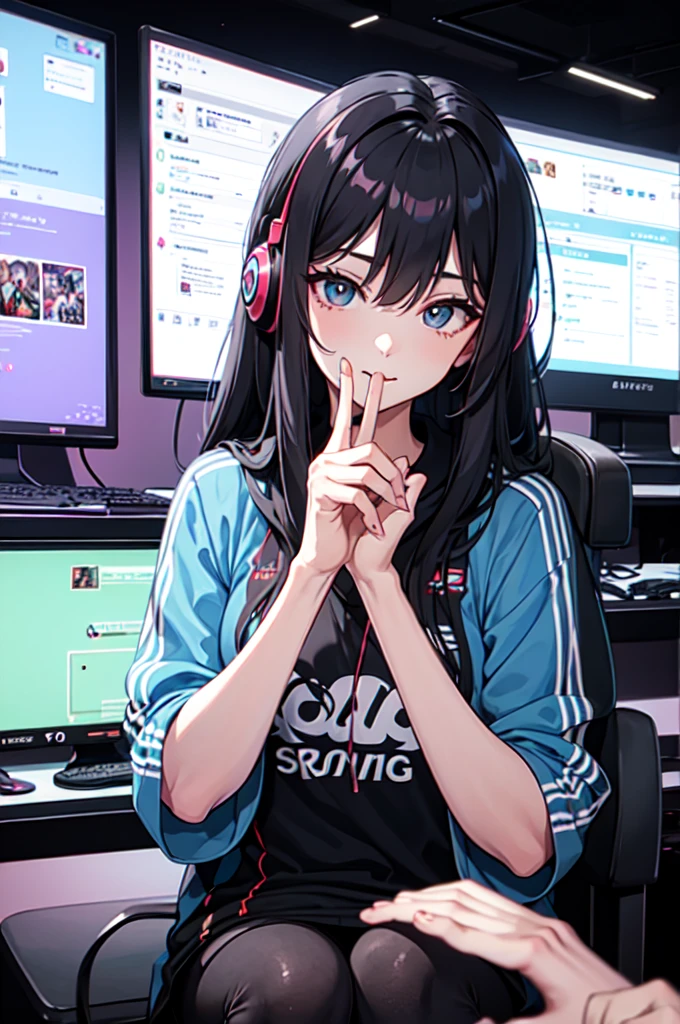 a woman is sitting in a gaming chair, with a gaming room in the background then she is wearing e-sports clothes, with a finger-biting pose with a seductive face